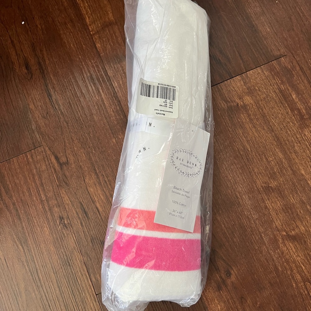 NWT RAE DUNN Retired RESERVED White and Pink BEACH TOWEL Pool Swim - Picture 2 of 2